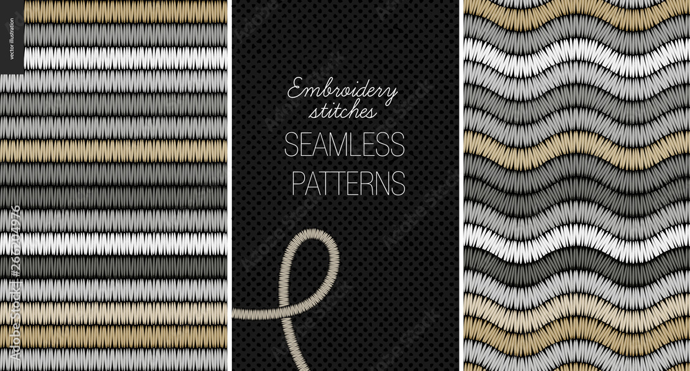 Embroidery satin stitch seamless patterns - two textile patterns of satin stitch