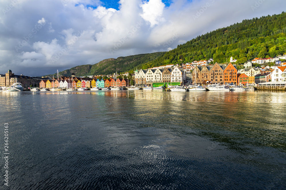 Beautiful Bergen port with colorful typical houses part of Bryggen historic district, and UNESCO World Heritage Site, Norway