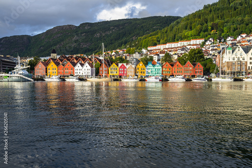 The iconic Bryggen historic district in Bergen lighted by the sun. Bergen, Norway, August 2018