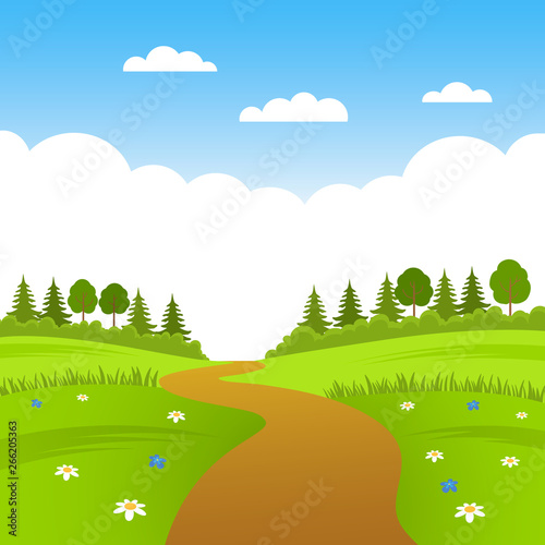 beautiful summer landscape field, forest and road. flat vector