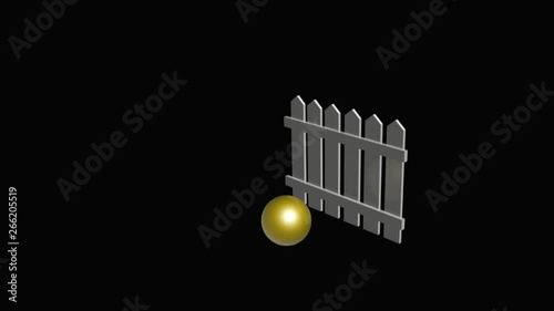 Yellow ball, overcoming fence, on black background - business success allegory.