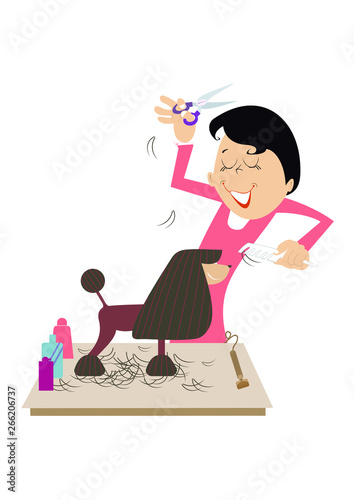 Woman grooming of the dog illustration. Smiling barber woman cuts hair of the dog isolated on white