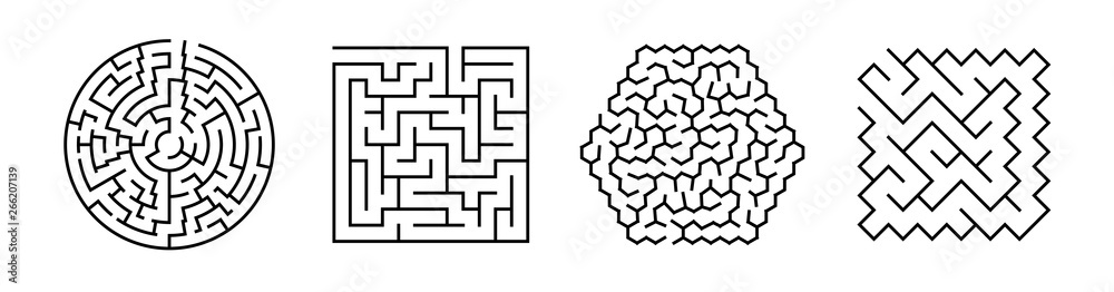 Set Of Vector Mazes. Geometric Outline Labyrinth Illustrations Set Of Vector Mazes. Geometric Outline Labyrinth Illustrations