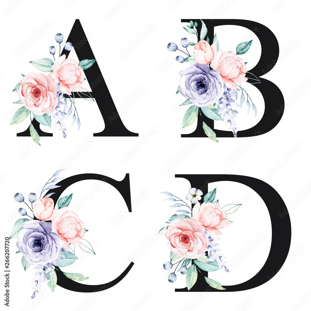 Floral alphabet, letters A, B, C, D with watercolor flowers and leaf ...
