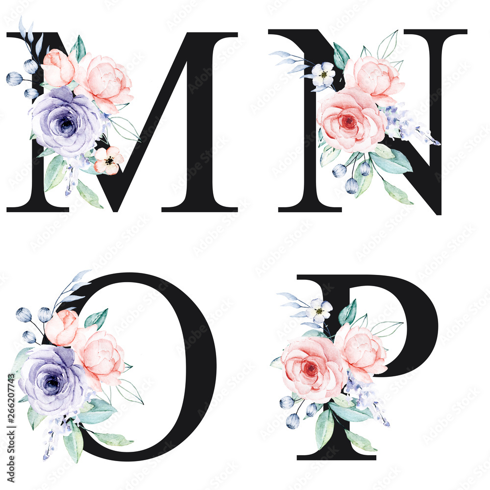 Floral alphabet, letter M with watercolor flowers and leaf. Monogram  initials perfectly for wedding invitations, greeting card, logo, poster and  other design. Holiday design hand painting. Stock Illustration