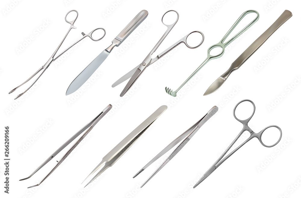 Set of surgical instruments. Different types of tweezers, scalpel, Liston s amputation knife, clip with fastener, straight scissors, Folkmann s jagged hook, Meyer s forceps. Isolated objects. Vector