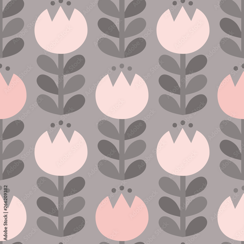 Scandinavian tulips light gray & pink vector seamless pattern.