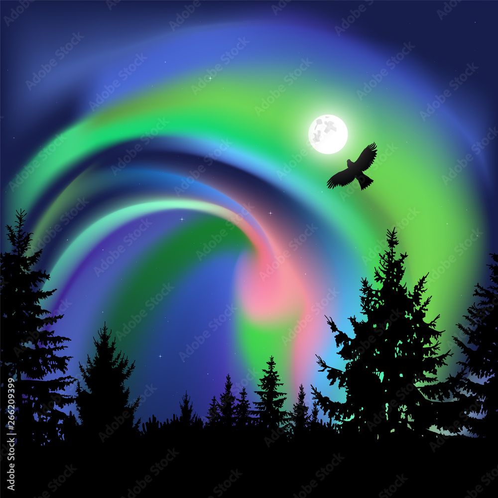 Coniferous trees.  Flying eagle. Green, pink and blue northern lights.