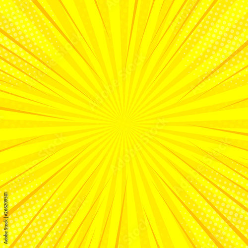 Comic yellow sun rays background pop art retro vector illustration kitsch drawing.