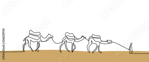 Continuous line drawing of camel walking on dessert