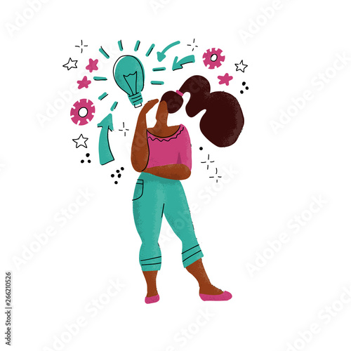 Hand drawn lady got idea. Woman having idea, light bulb as symbol of insight. Girl standing under question, exclamation marks, gears, lightbulb during process of thinking. cartoon vector illustration