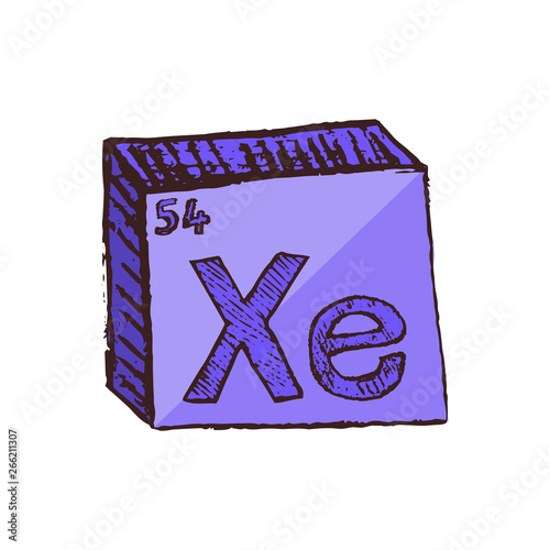 Vector three-dimensional hand drawn chemical violet symbol of noble gas xenon with an abbreviation Xe from the periodic table of the elements isolated on a white background.