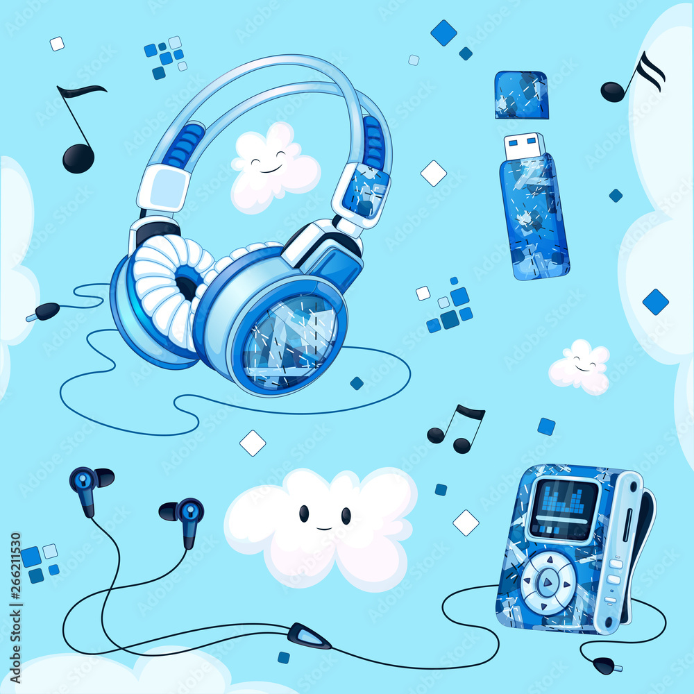 Set of musical accessories with a blue geometric pattern. MP3 player,  headphones, vacuum headphones, USB flash drive for music, funny clouds,  sheet music. Stock Vector | Adobe Stock