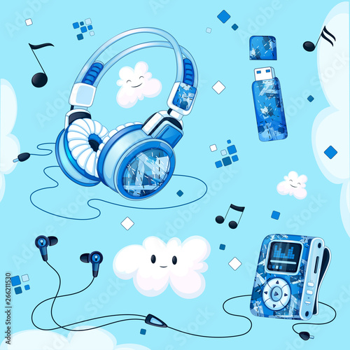 Set of musical accessories with a blue geometric pattern. MP3 player, headphones, vacuum headphones, USB flash drive for music, funny clouds, sheet music.