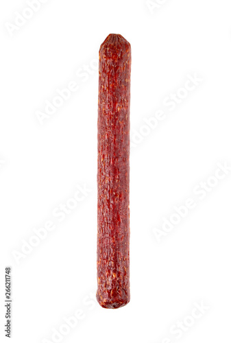 Salami on a white background. Sausage close up on a white background.