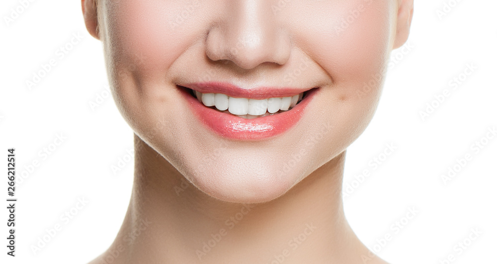 Female lips with natural color lipstick. Woman smiling