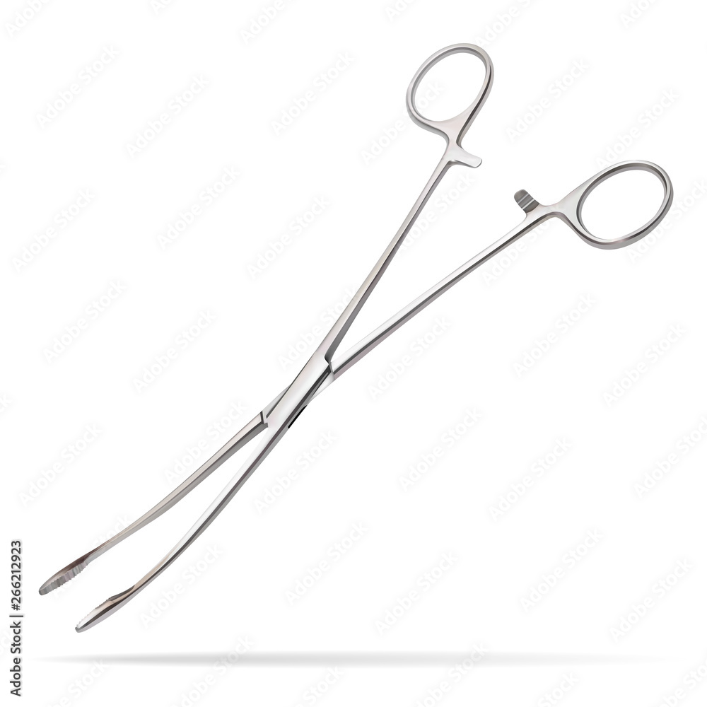 Forceps Meier. Surgical instrument designed to insert tampons into deep wounds, to remove foreign bodies from narrow deep wounds, to supply instruments and surgical material. Vector illustrations. Forceps Meier. Surgical instrument designed to insert tampons into deep wounds, to remove foreign bodies from narrow deep wounds, to supply instruments and surgical material. Vector illustrations.