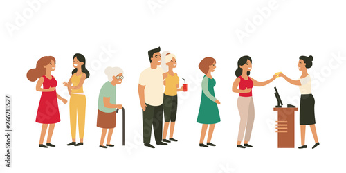 People waiting in long queue with old woman