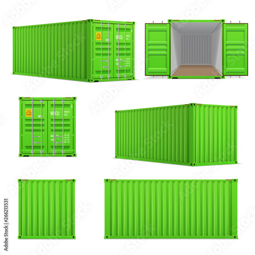 Realistic set of bright green  cargo containers.   Front, side back and perspective view