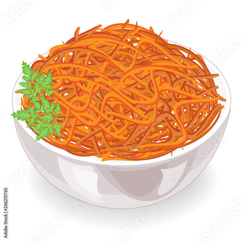 Tasty dish. Korean carrots with parsley on a plate. Dietary, vegetarian, healthy food. Vector illustration
