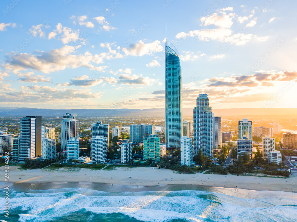 Surfers Paradise Skyline At Sunset From An Aerial View On The Gold surfers-paradise-skyline-at-sunset-from-an-aerial-view-on-the-gold