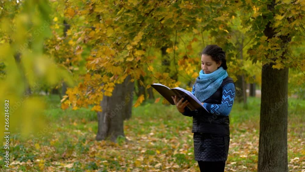 girl leafing through an album under an autumn tree girl leafing through an album under an autumn tree
