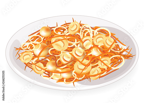 Tasty dish. Korean carrots with mushrooms and onions on a plate. Dietary, vegetarian, wholesome food. Vector illustration