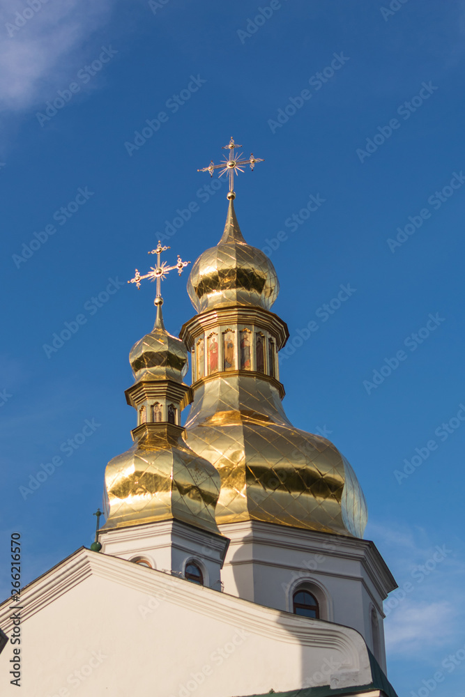 Kiev, Ukraine- May 04, 2019: View of the building of churches with golden domes in Kiev-Pechersk Lavra.
