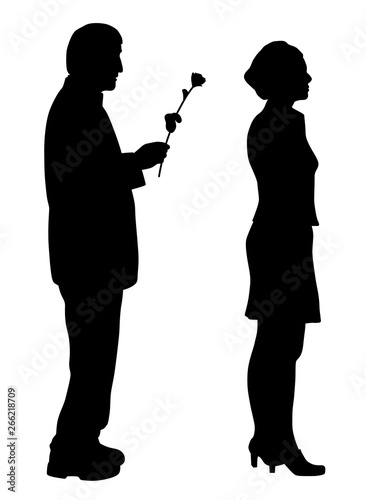 Man saying sorry and giving a rose to offended woman.  Woman ignore apologize and turning her back to man. 