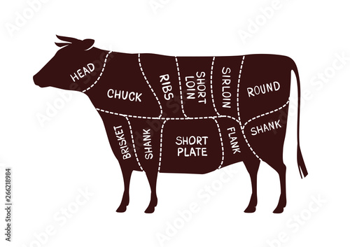 Cow cutting scheme. Butcher shop, beef vector illustration