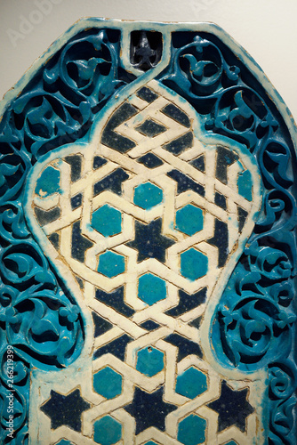 14th Century Timurid turquoise fritware tile panel architectural decoration photo