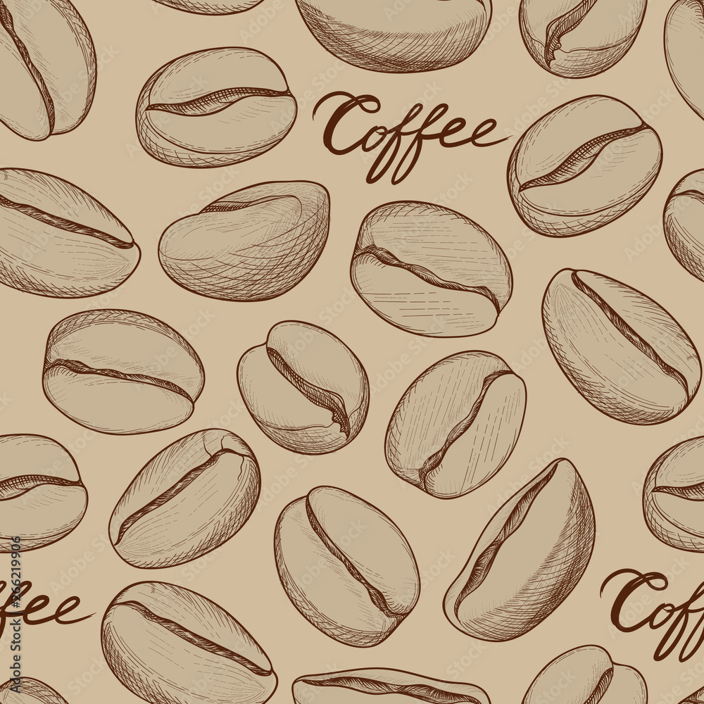 Fototapeta Coffee seamless pattern. Coffee beans hand-drawn sketch. Hot dri