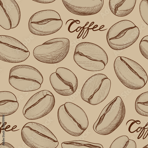 Coffee seamless pattern. Coffee beans hand-drawn sketch. Hot dri