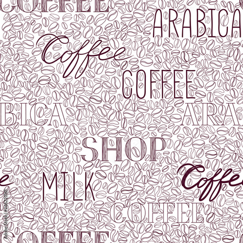 Coffee seamless pattern. Coffee beans and lettering COFFEE tile backdrop