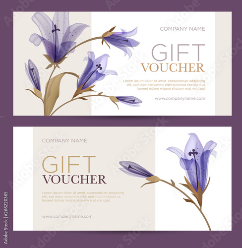 Gift voucher. Birthday card. Coupon template. Background for the invitation, shop, beauty salon, spa.  Bell flowers on a beige background. Vector illustration