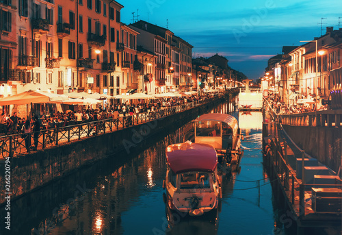 Naviglio Grande canal at the evening. Milan, Italy.