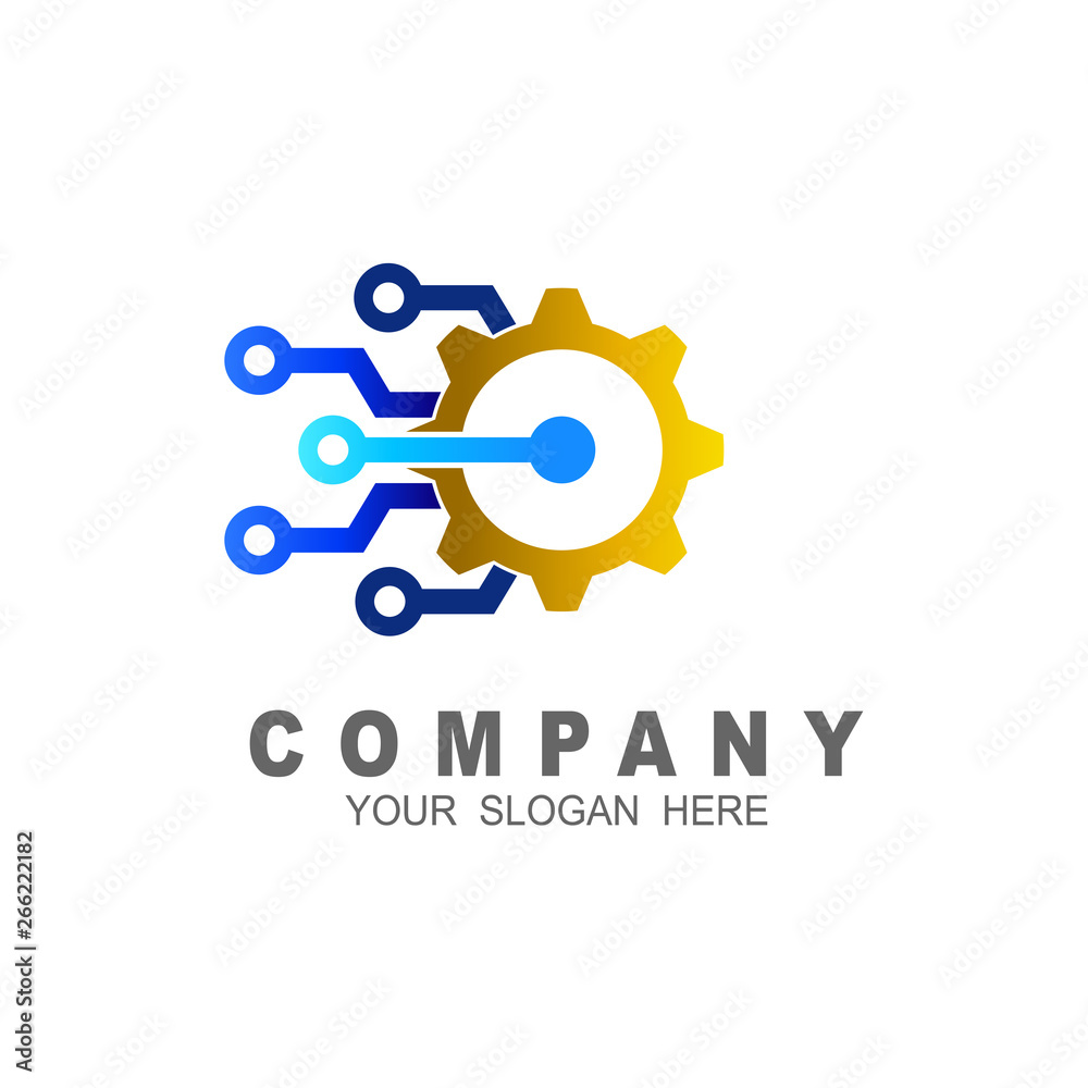 Fototapeta premium Gear electronic factory sign, digital tech, vector business logo template concept illustration