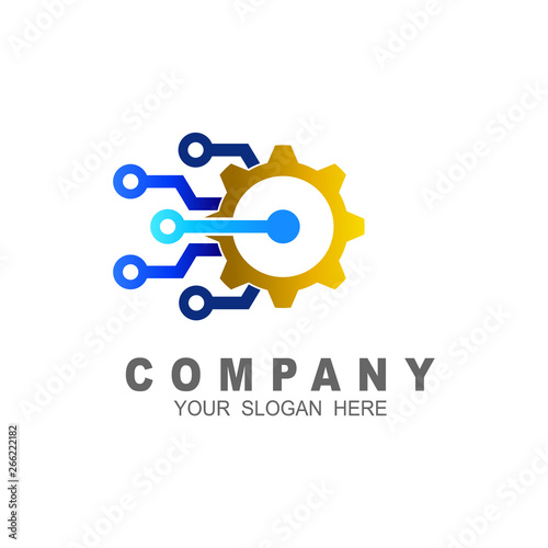 Gear electronic factory sign, digital tech, vector business logo template concept illustration