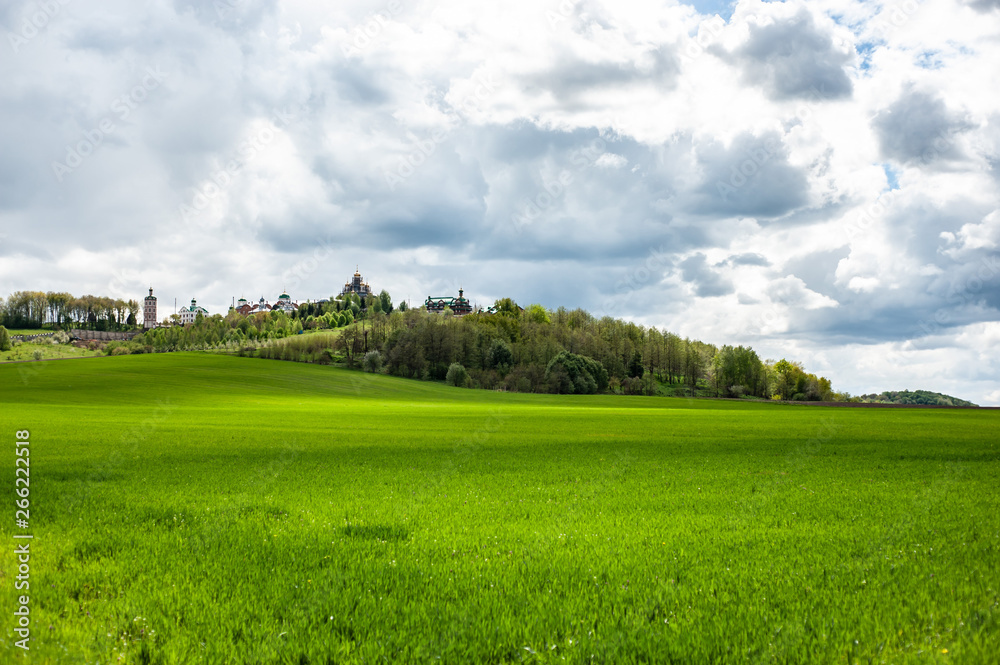 Eye-catching landscape with green grass, hills and trees, cloudy sky Eye-catching landscape with green grass, hills and trees, cloudy sky