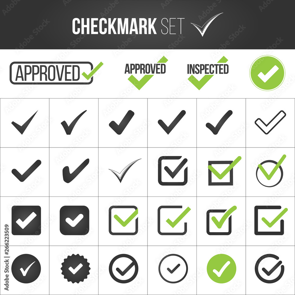 Checkmark or tick mark collection set. Acceptance, approval, right choice, correct selection, true option, positive answer, saying yes, , confirmation concept. Checkmark or tick mark collection set. Acceptance, approval, right choice, correct selection, true option, positive answer, saying yes, , confirmation concept.