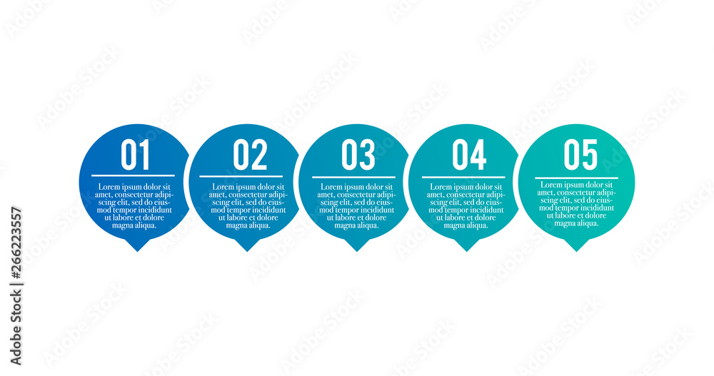 Business process. Timeline infographics with 5 steps, options, arrows. Vector template isolated on white background.