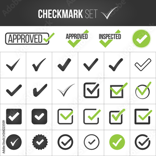 Checkmark or tick mark collection set. Acceptance, approval, right choice, correct selection, true option, positive answer, saying yes, , confirmation concept. 