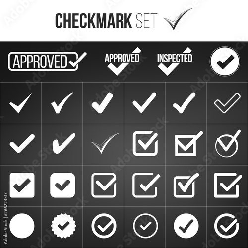 Checkmark or tick mark collection set. Acceptance, approval, right choice, correct selection, true option, positive answer, saying yes, , confirmation concept. 
