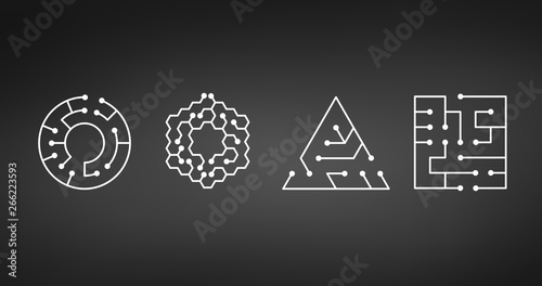 Circuit board icon. abstract shapes of square, circle, triangle, hexagon IT maze. Technology symbol. Computer software concept. Power elements. Flat design. Vector Illustration.