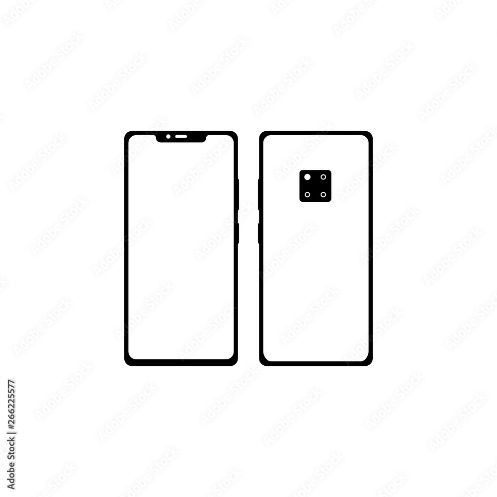 Smartphone, two sides. Front side with a yellow-gray screen, monitor. Backside with camera, flash and touch id. Buttons. Black color, highlights and shadows. Isolated object Smartphone, two sides. Front side with a yellow-gray screen, monitor. Backside with camera, flash and touch id. Buttons. Black color, highlights and shadows. Isolated object