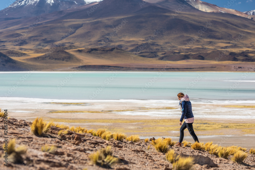 Women hiker looking at views in an amazing wilderness environment at Atacama Desert Andes mountains lagoons at Tuyajto Lagoon. A woman cut out silhouette over the awe Andean Altiplano scenery