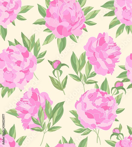 Hand drawn seamless repeat pattern with elegant pink peonies and green leaves on cream background. Mother's Day, Easter floral print for apparel, fabric, packaging, gardening projects and more.