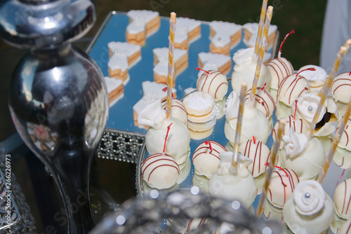 Close up of tray with lot delicious diversity pastry cakes tattlers and macaroon in a row