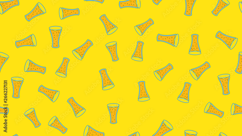 Texture seamless pattern from a set of rare good tasty refreshing alcoholic drinks of hops light and dark malt foam beer in glasses, mugs on a yellow background. Vector illustration