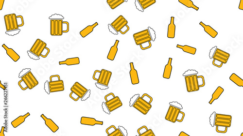 Texture seamless pattern from a set of vintage good tasty refreshing alcoholic drinks of hops light and dark malt foam beer in glasses, bottles on white background. Vector illustration